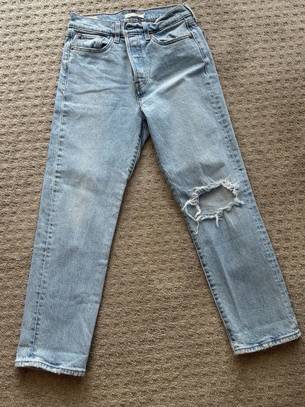 Levi's Light Blue Women's Straight-Leg Jeans with Knee Distress and button fly